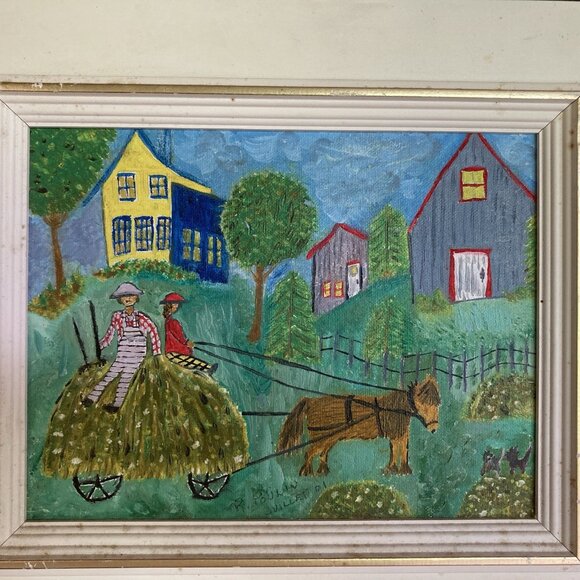 Vintage Painting On Canvas Framed French Folk Art Primitive Signed Y2K - Picture 2 of 13